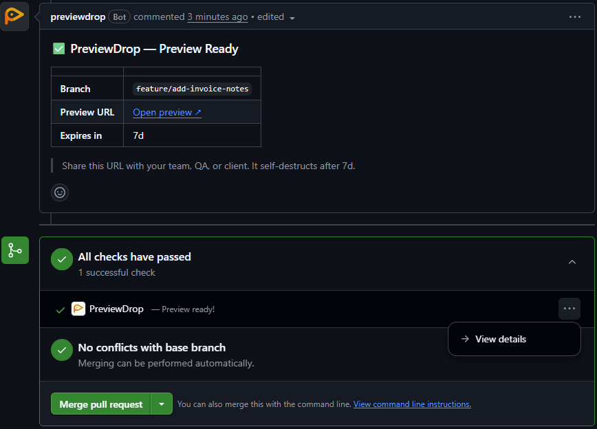 PreviewDrop bot comment on a GitHub pull request showing the live preview URL